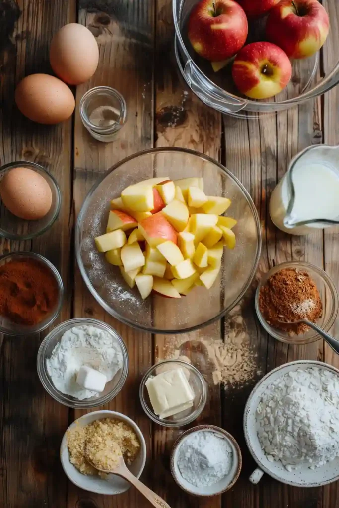 A square slice of Cinnamon Apple Cake served on a plate with visible apple pieces and sweet glaze. The crumb looks soft and airy.