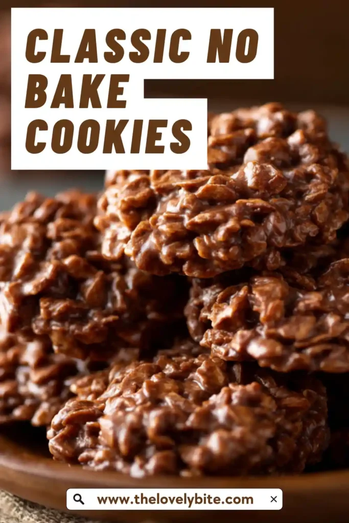 Close-up of Classic No Bake Cookies showing glossy chocolate coating and oat texture. A quick no bake dessert perfect for any occasion.