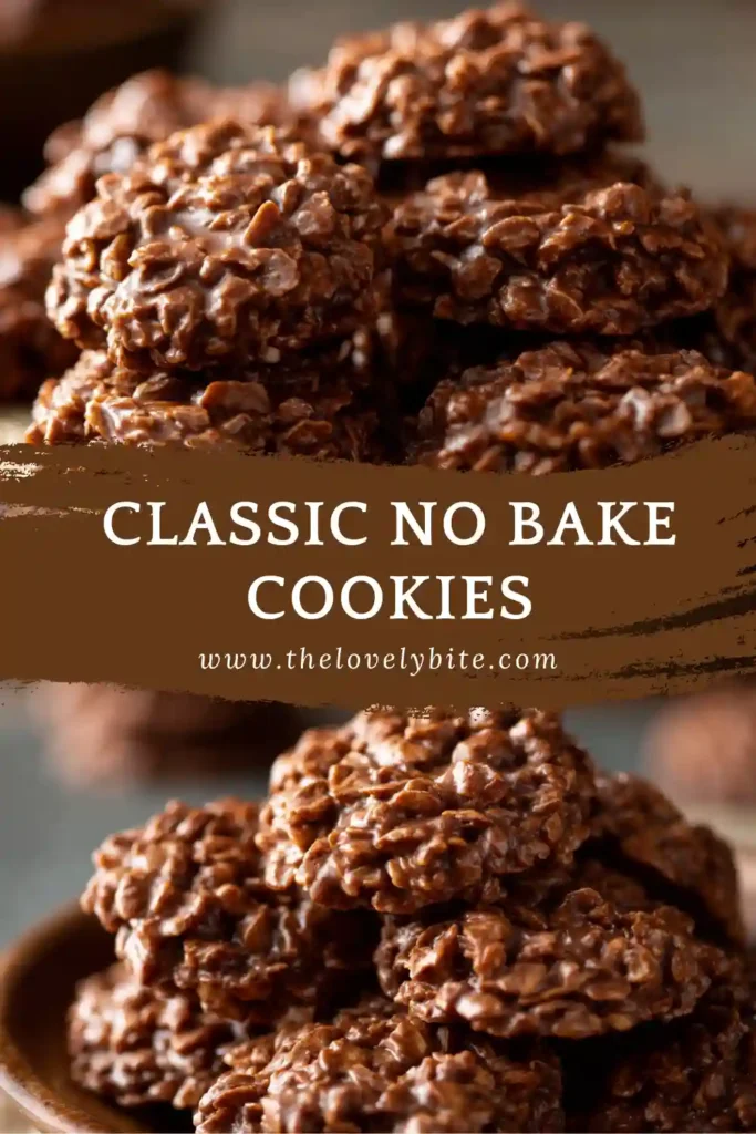 Homemade Classic No Bake Cookies cooling on a tray, featuring peanut butter and cocoa flavors blended with oats.