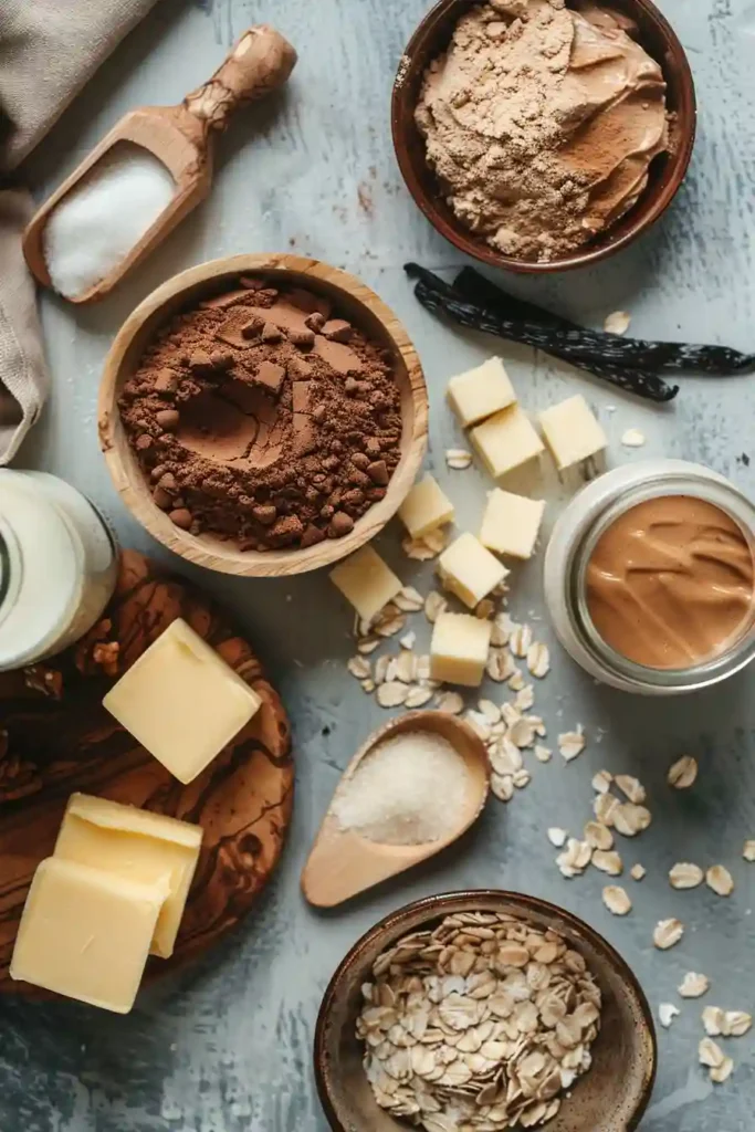 Freshly made Classic No Bake Cookies stacked together, highlighting their fudgy texture and rustic shape.