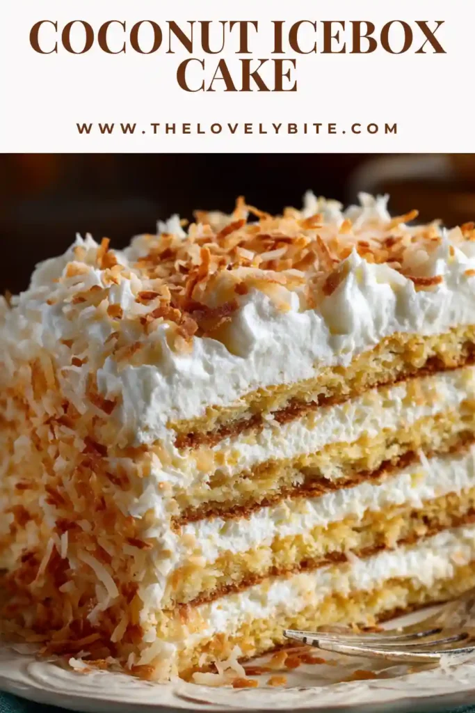Coconut Icebox Cake layered with coconut pudding, whipped topping, and graham crackers in a glass dish. The texture looks creamy and soft after chilling.