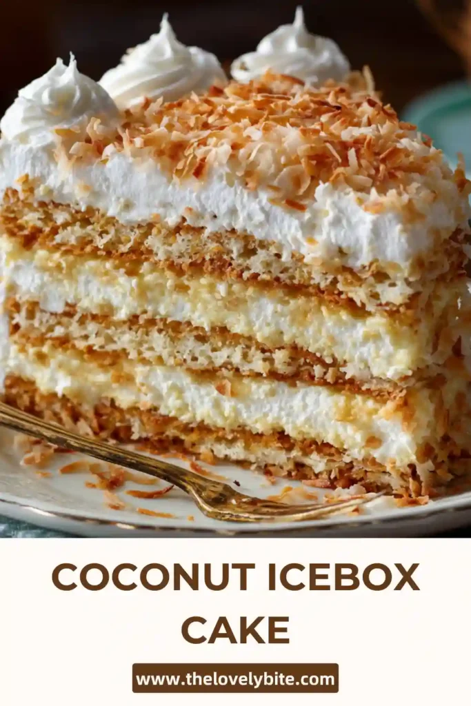 Slice of Coconut Icebox Cake topped with toasted coconut flakes, showing creamy layers of pudding and crackers. Perfect no bake coconut dessert.