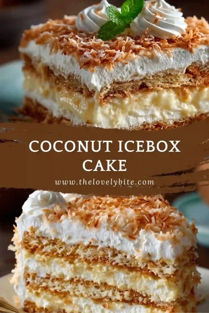 Close-up of Coconut Icebox Cake highlighting smooth whipped topping and golden toasted coconut garnish. A chilled coconut pudding cake.