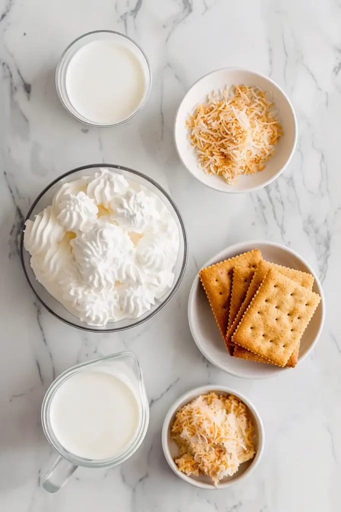 Overhead view of Coconut Icebox Cake in a baking dish with evenly layered graham crackers and coconut filling. Ideal easy icebox cake.