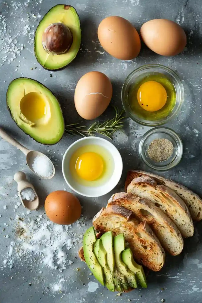 Homemade avocado toast with egg featuring mashed avocado and soft egg on golden toast. Nutritious and easy morning meal.