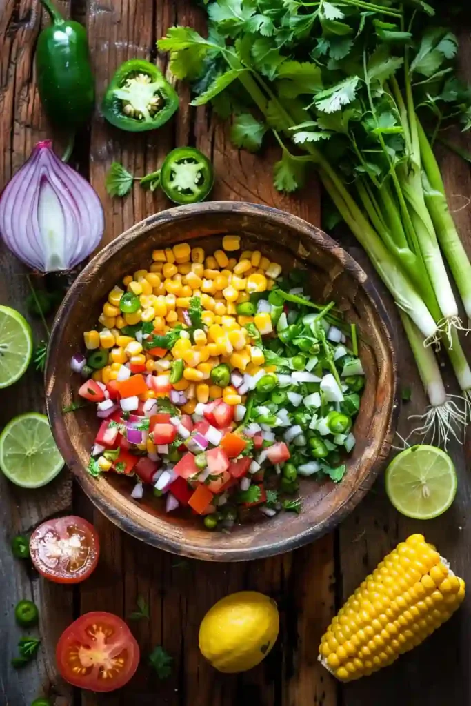 Homemade Fresh Corn Salsa displayed with tortilla chips, featuring bright yellow corn and fresh vegetables in a refreshing mix.