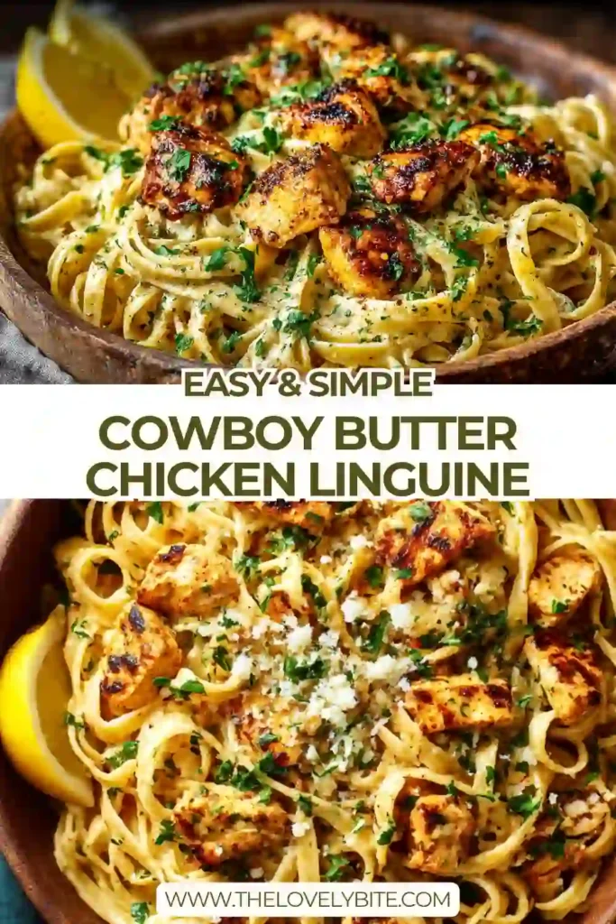 Homemade Cowboy Butter Chicken Linguine served warm with melted Parmesan and herbs on top.