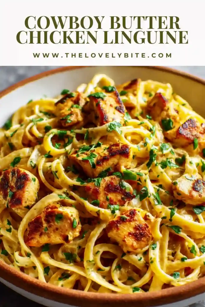 Close-up of creamy Cowboy Butter Chicken Linguine showing rich sauce coating pasta strands and juicy chicken slices.