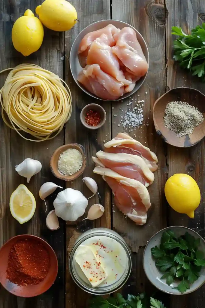 Creamy chicken linguine pasta in a butter garlic sauce with visible spices and fresh parsley garnish.