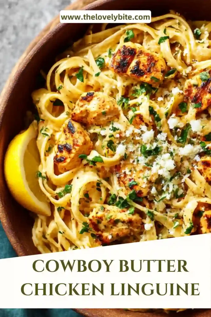A plate of Cowboy Butter Chicken Linguine with creamy garlic butter sauce and tender chicken pieces, garnished with parsley and Parmesan.