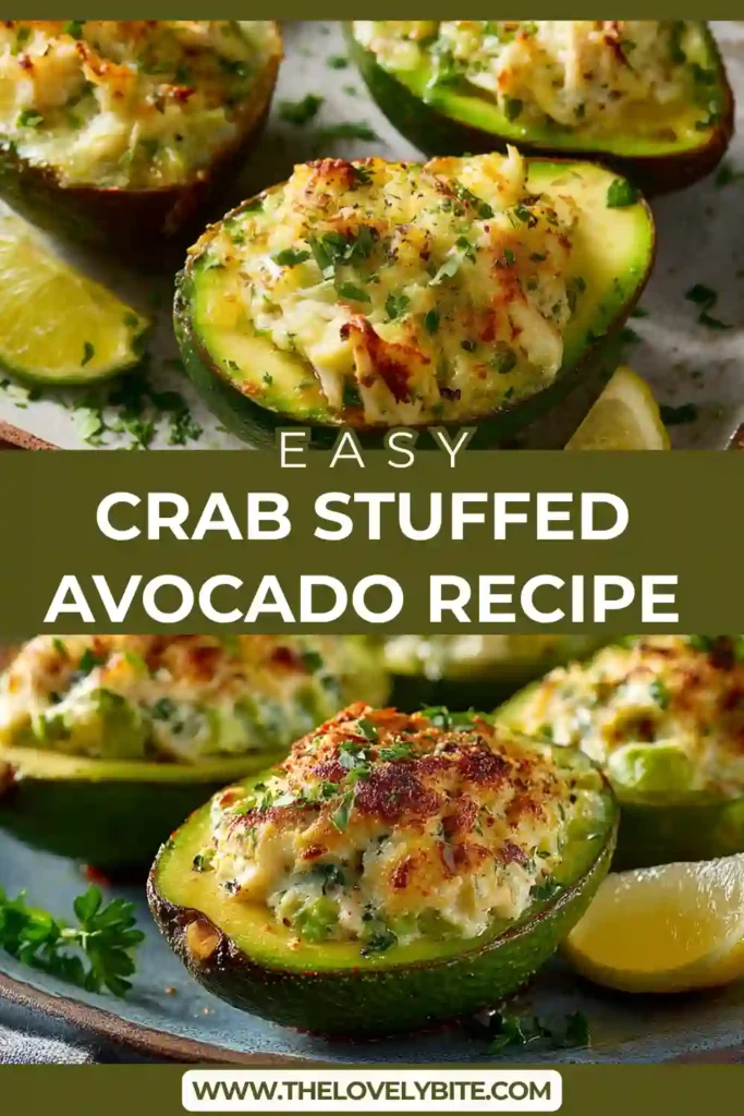 Close-up of Crab Stuffed Avocado Recipe topped with melted pepper jack cheese and herbs. A rich and healthy seafood dish.