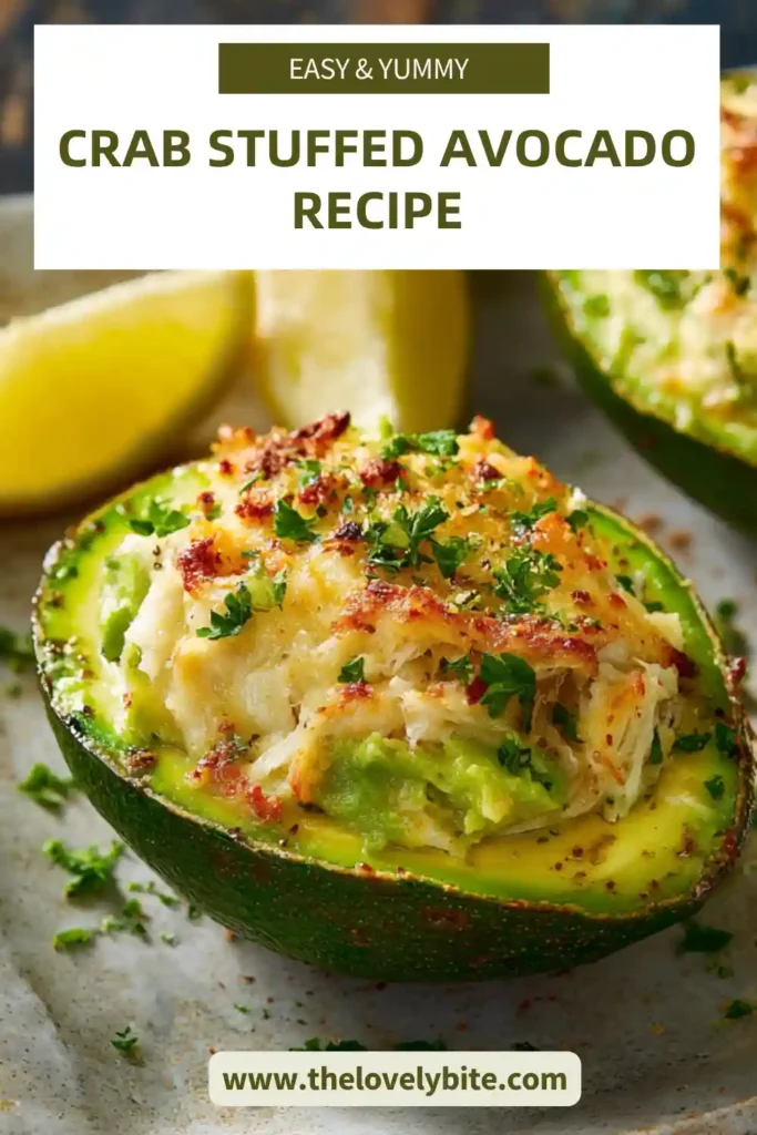Baked Crab Stuffed Avocado Recipe in a tray, garnished with cilantro and lemon wedges. Fresh and creamy texture visible.