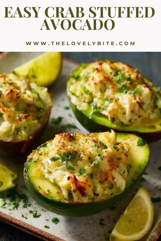 Homemade Crab Stuffed Avocado Recipe with golden melted cheese and fresh ingredients. Perfect light seafood meal presentation.
