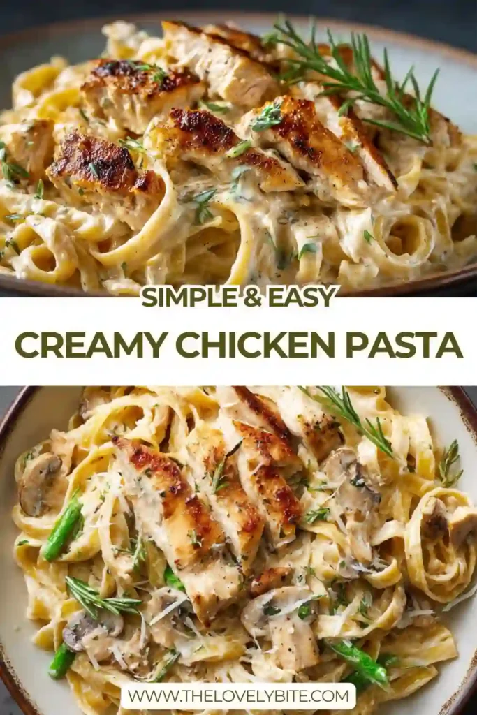 Close-up of creamy chicken pasta with lemon zest and herbs, showing the silky texture of the parmesan sauce and tender chicken slices.