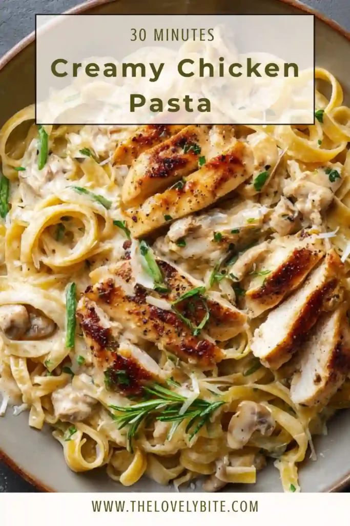 A bowl of creamy chicken pasta garnished with rosemary and grated parmesan, highlighting the rich and comforting texture.