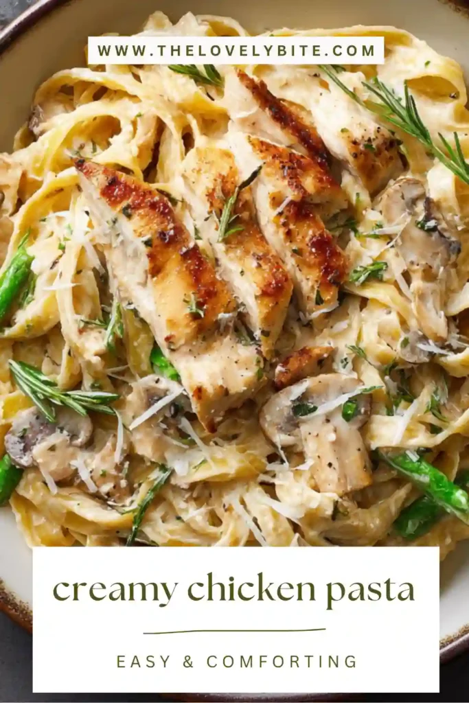 Freshly cooked creamy chicken pasta in a pan with garlic, cream sauce, and sliced chicken pieces mixed throughout.