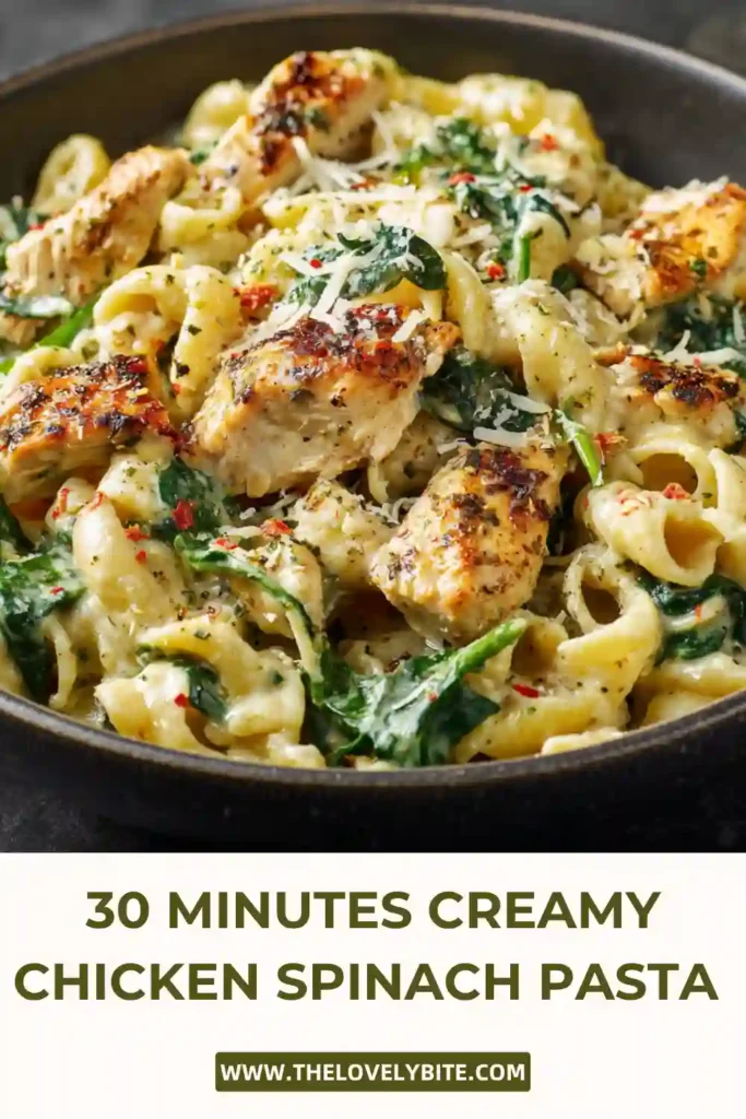 Creamy chicken spinach pasta served in a bowl with tender chicken pieces, wilted spinach, and rich parmesan cream sauce over pasta.