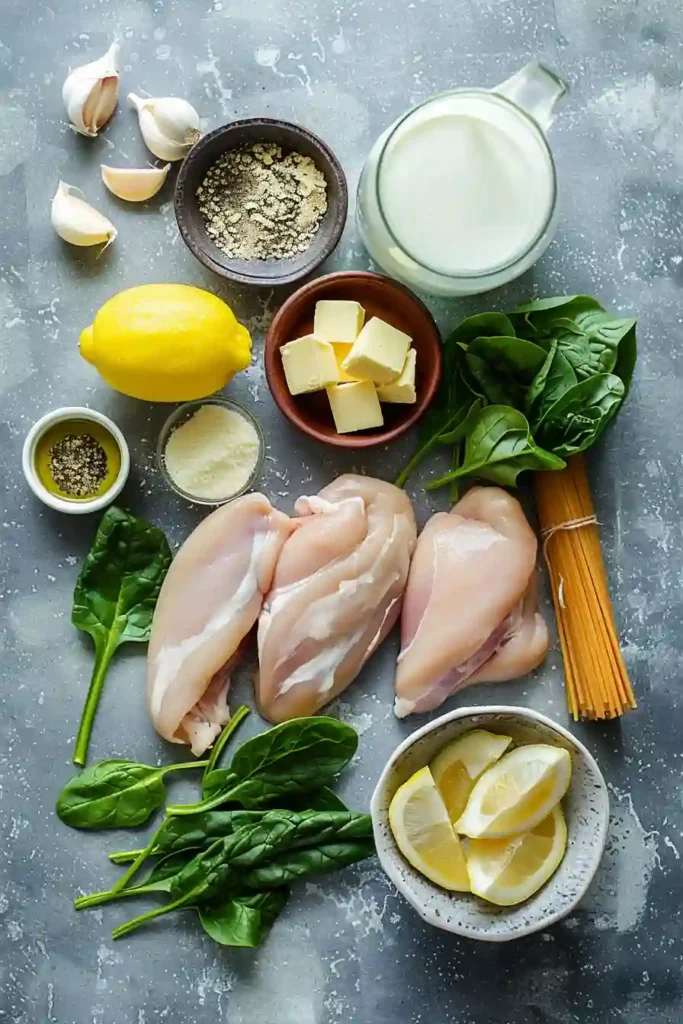 Bowl of creamy chicken spinach pasta featuring tender chicken, fresh greens, and a smooth, rich cream sauce.