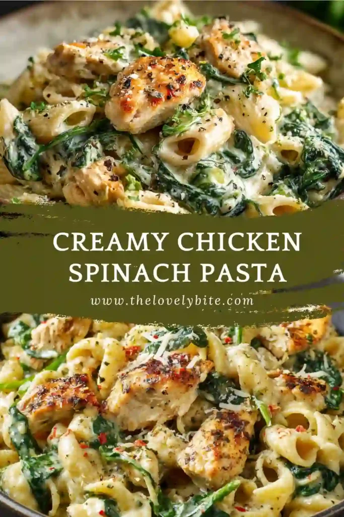 Close-up of creamy chicken spinach pasta showing garlic cream sauce coating pasta with fresh spinach and juicy chicken.