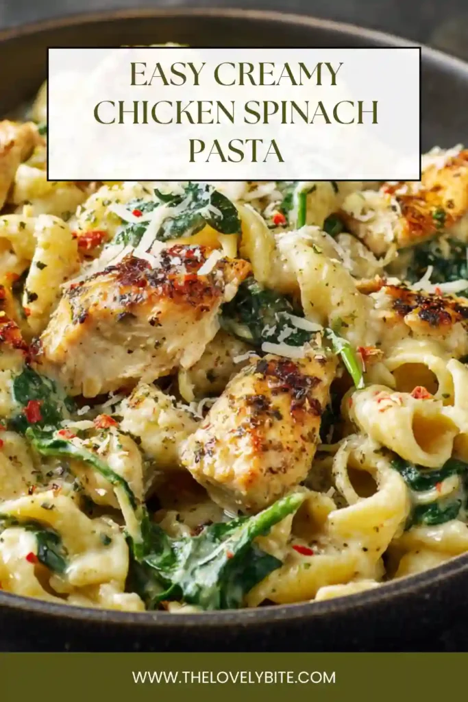 Homemade creamy chicken spinach pasta plated with parmesan topping and perfectly cooked pasta in a creamy sauce.
