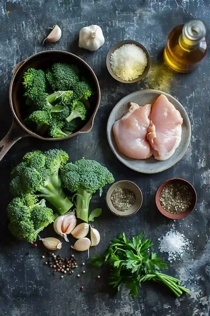 Creamy garlic chicken and broccoli skillet served in a pan with tender chicken pieces coated in a rich sauce and fresh green broccoli. The dish looks warm, comforting, and freshly cooked.
