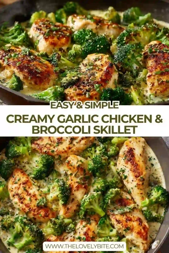 Close-up of creamy garlic chicken and broccoli skillet with thick sauce covering juicy chicken and vibrant broccoli florets. A perfect one pan dinner option.