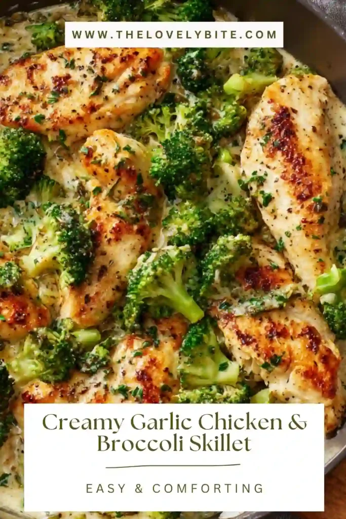 Overhead view of creamy chicken and broccoli skillet with garlic sauce, garnished with fresh parsley and served hot. The textures are rich and inviting.