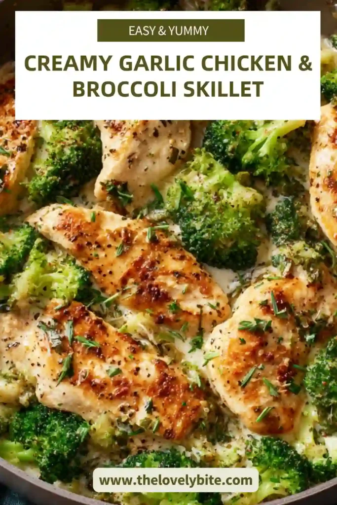 A skillet filled with creamy garlic chicken and broccoli, showing tender chicken slices and glossy sauce coating fresh vegetables beautifully.