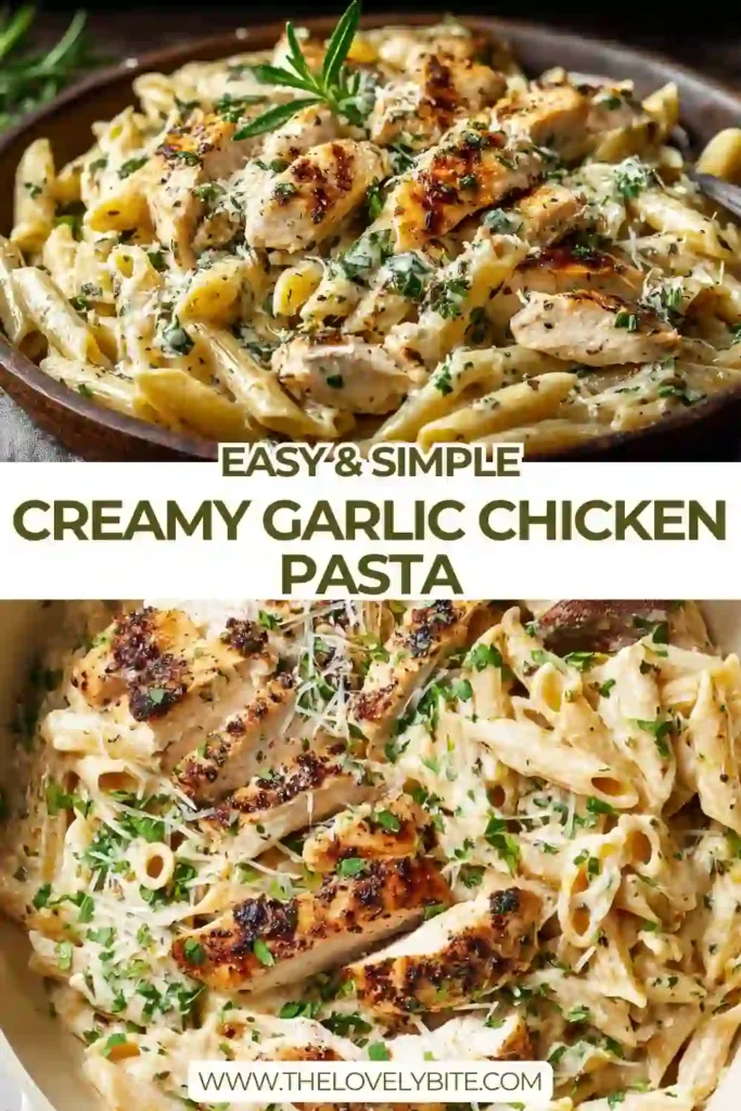 Creamy garlic chicken pasta served with parmesan cheese and fresh herbs on top. The dish features tender chicken slices and penne in a rich sauce.