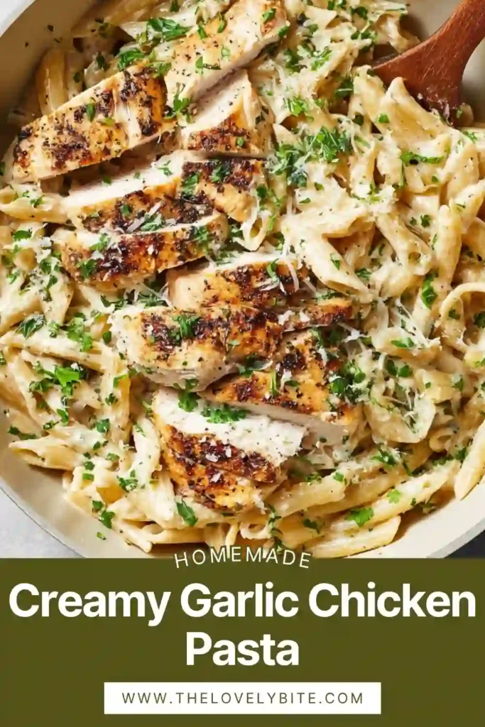 A bowl of creamy garlic chicken pasta with golden chicken pieces and thick garlic cream sauce coating the pasta evenly.