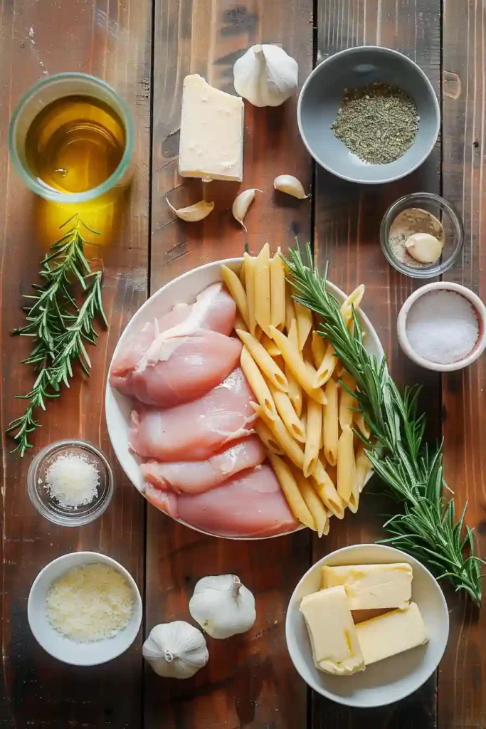 Close-up of creamy chicken pasta with garlic sauce and penne pasta, garnished with cheese and herbs.