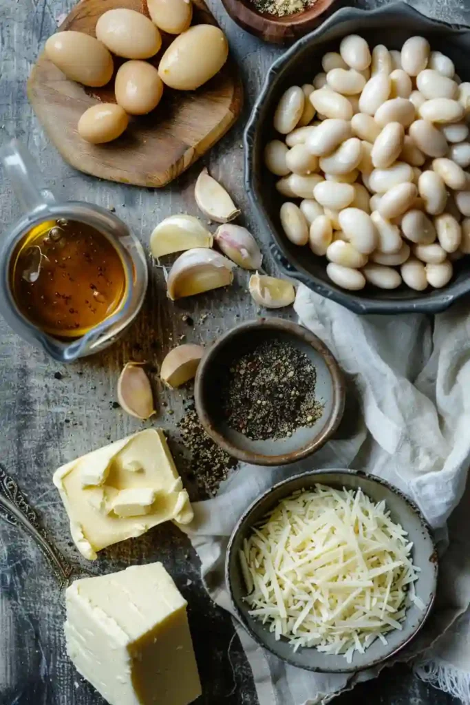 Creamy garlic parmesan butter beans served in a bowl with rich sauce and herbs, showing a smooth and velvety texture perfect for a quick meal.