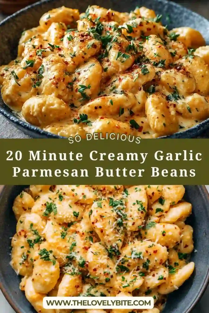Close-up of butter beans coated in creamy garlic parmesan sauce, highlighting the thick consistency and golden color.