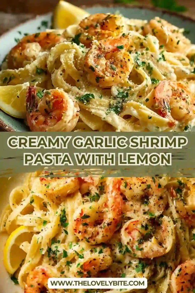 A bowl of creamy garlic shrimp pasta topped with fresh parsley and lemon zest, featuring a rich and silky cream sauce coating perfectly cooked shrimp and pasta.