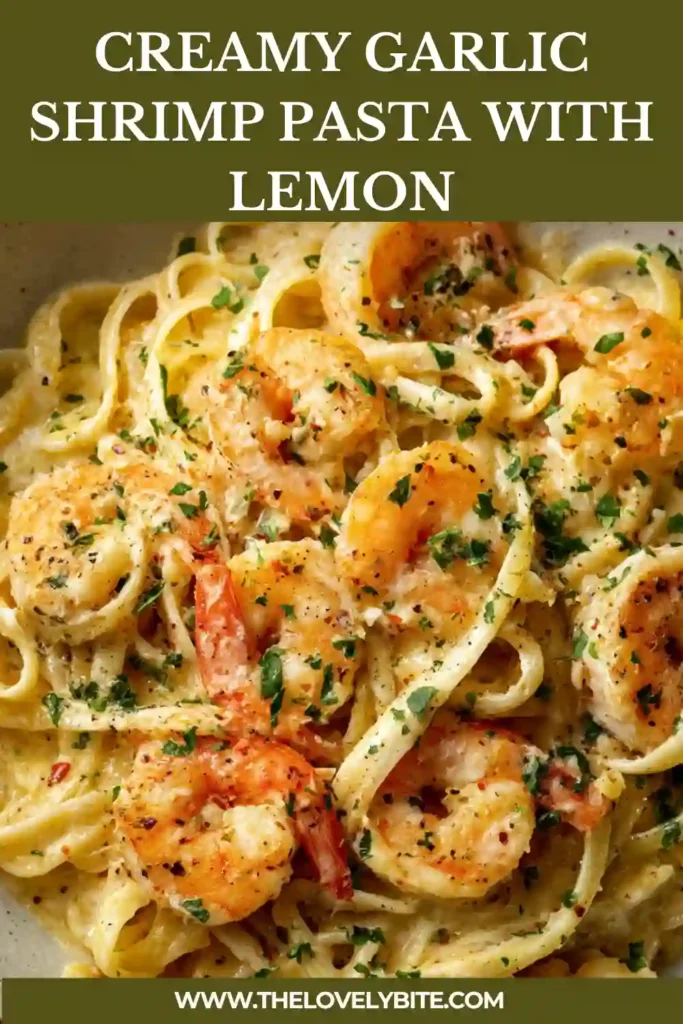 Close-up of creamy garlic shrimp pasta with lemon, showing juicy shrimp and smooth parmesan sauce over linguine.
