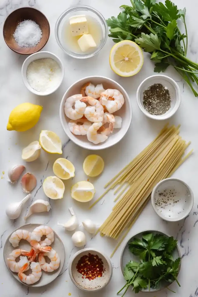 Creamy shrimp pasta dish with garlic and lemon, styled in a bowl with visible parsley garnish and grated parmesan.