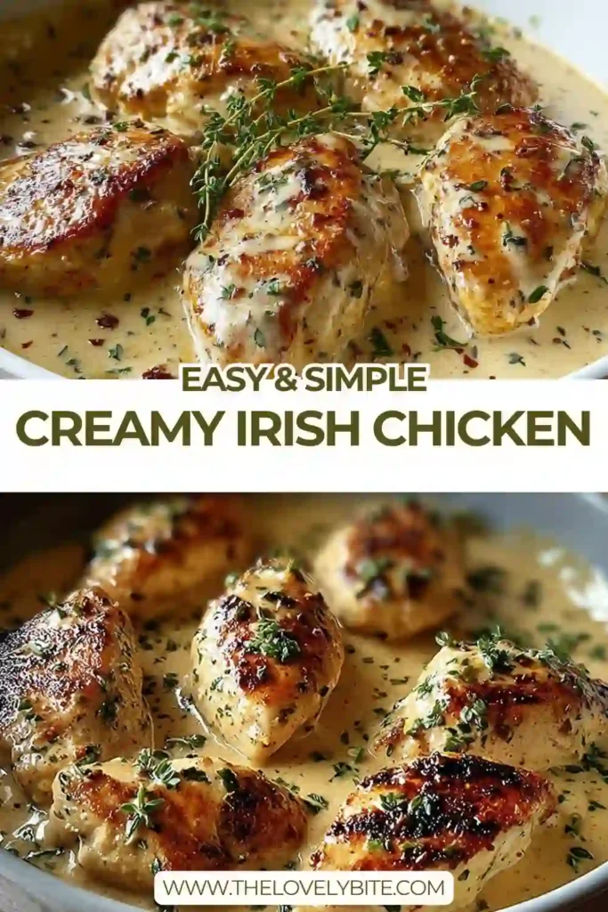 Creamy Irish chicken recipe served with rich sauce over tender chicken breasts, garnished with parsley on a white plate.
