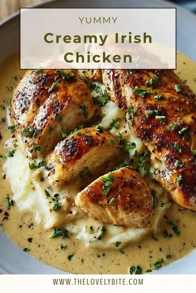 Close-up of creamy Irish chicken with smooth cream sauce and herbs, perfect comforting dinner meal.