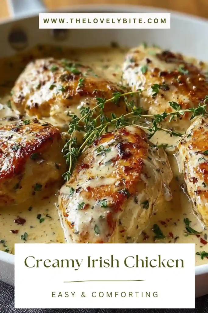 Halal creamy Irish chicken recipe in skillet with thick sauce and golden seared chicken pieces.