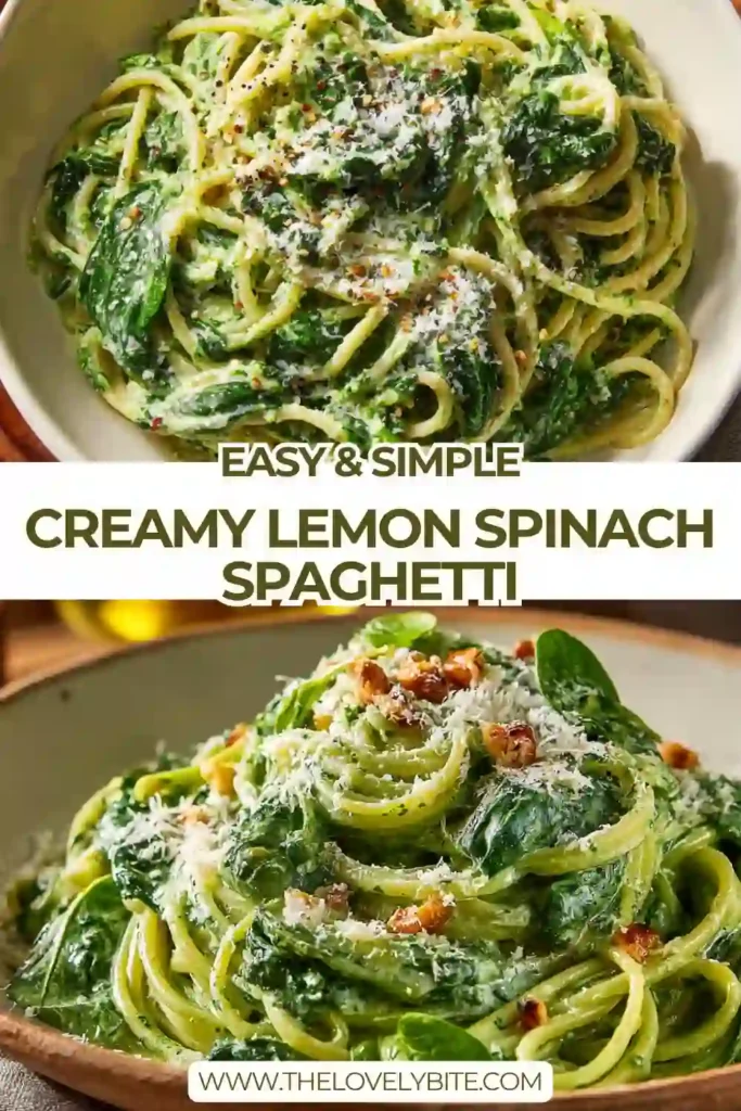 Creamy lemon spinach spaghetti served in a bowl with fresh basil and grated cheese. The pasta is coated in a vibrant green sauce with visible herbs and walnuts.
