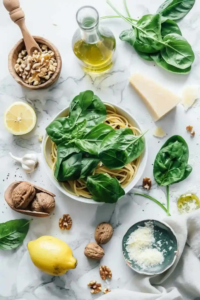 Fresh homemade lemon spinach pasta with bright green sauce and basil leaves on top.
