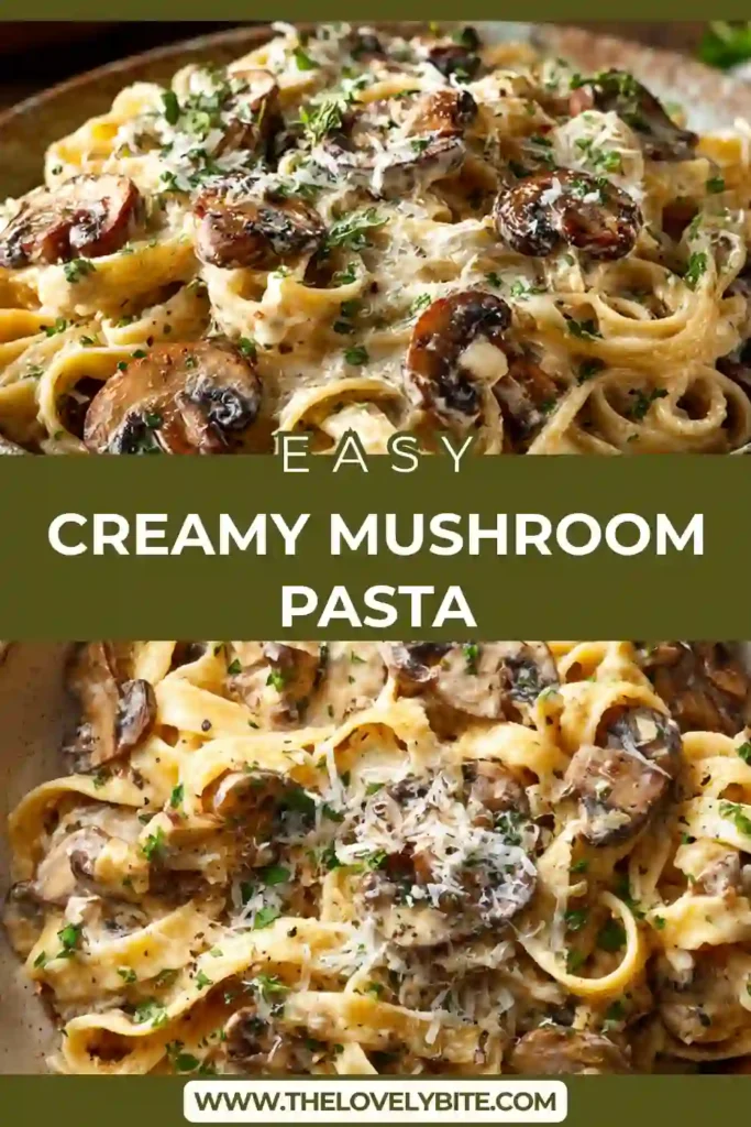Creamy mushroom pasta served in a bowl with parmesan and parsley, featuring a rich garlic cream sauce coating fettuccine.