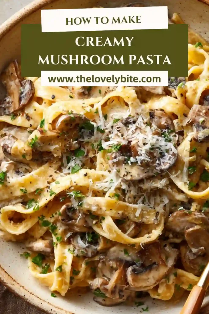 Close-up of creamy mushroom pasta with golden sautéed mushrooms and silky sauce over linguine.