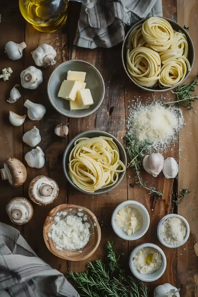 Rich and creamy mushroom pasta with garlic sauce, served fresh with parsley garnish.