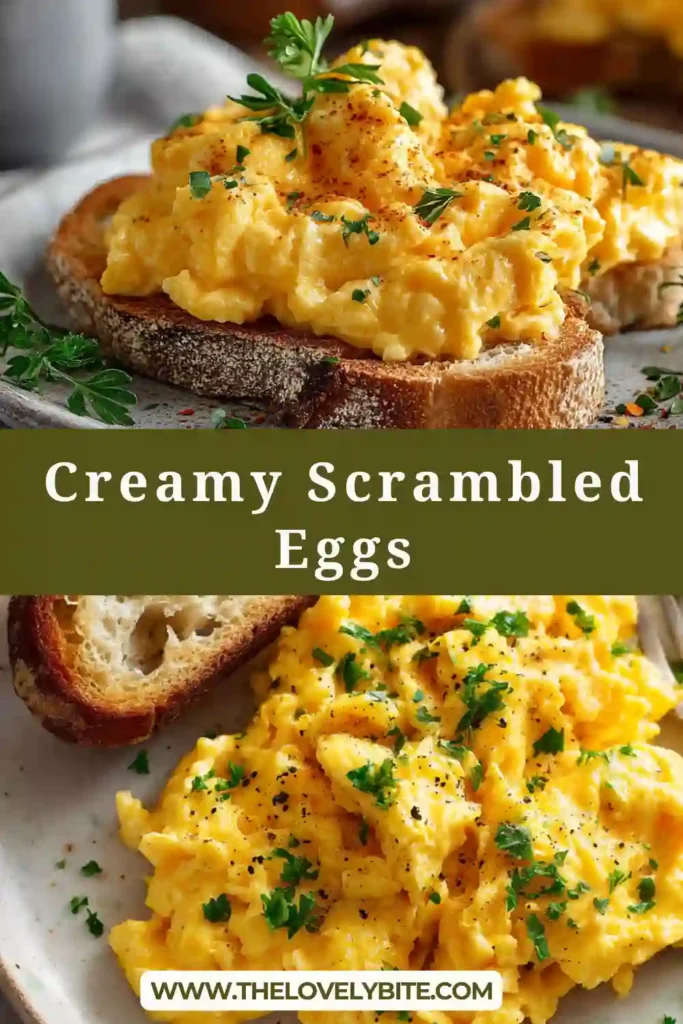 Homemade creamy scrambled eggs with silky texture and black pepper garnish on toast.