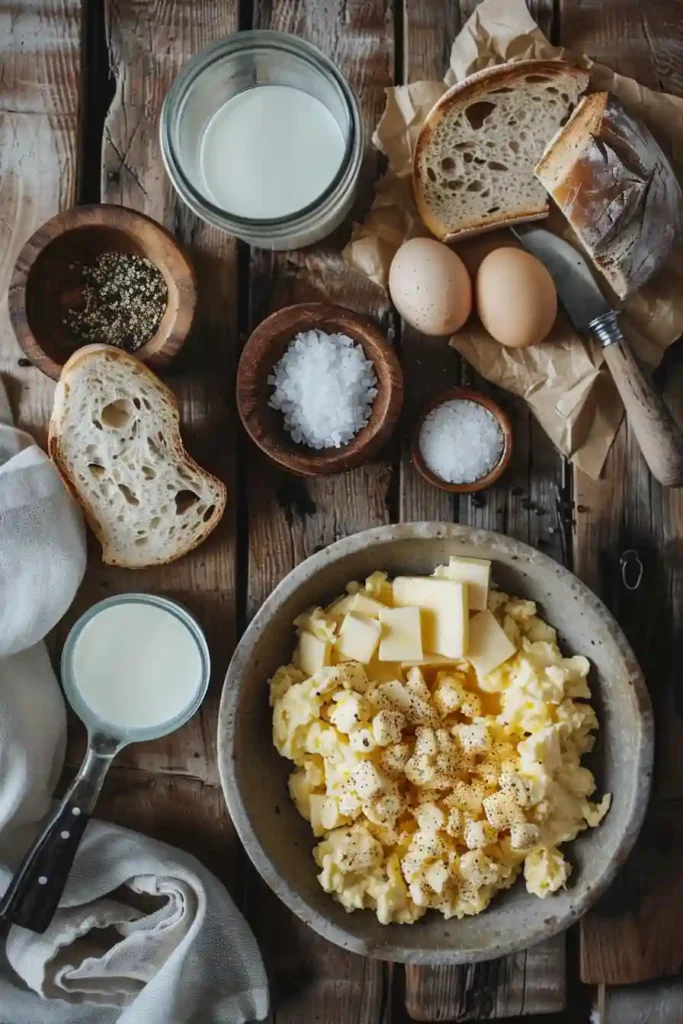 Soft and creamy scrambled eggs served on buttered toast with a fluffy texture and rich golden color.