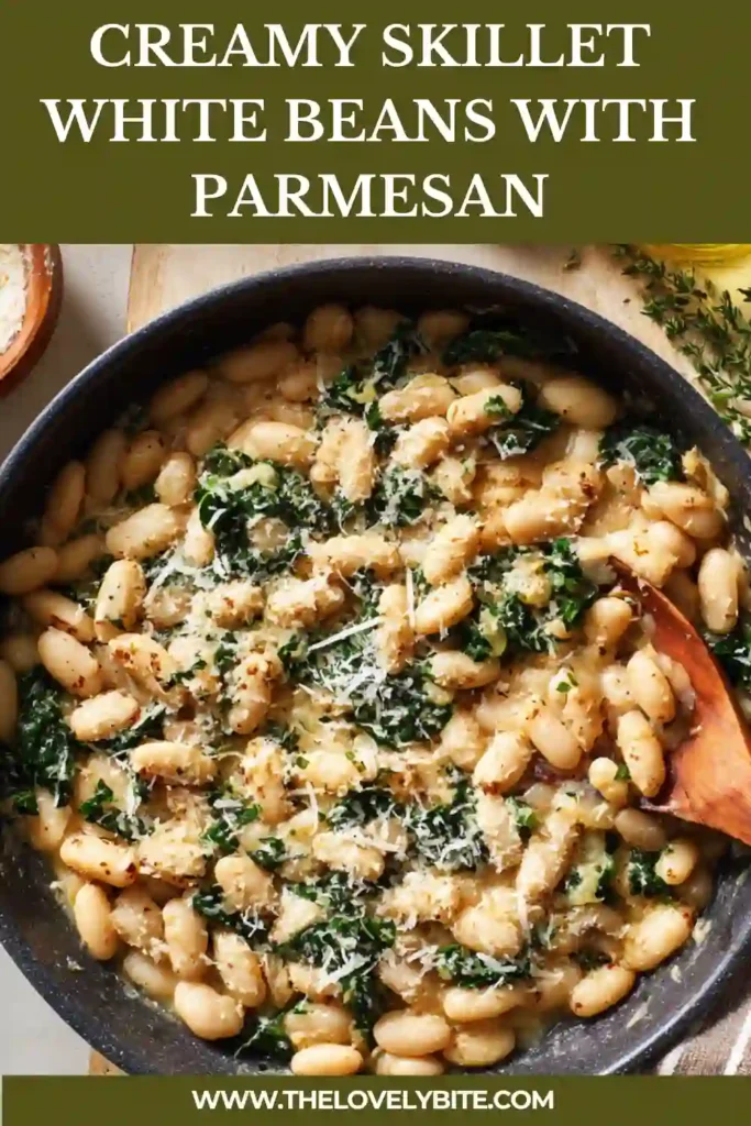 Close-up of creamy cannellini beans with Parmesan cheese and spinach in a skillet.