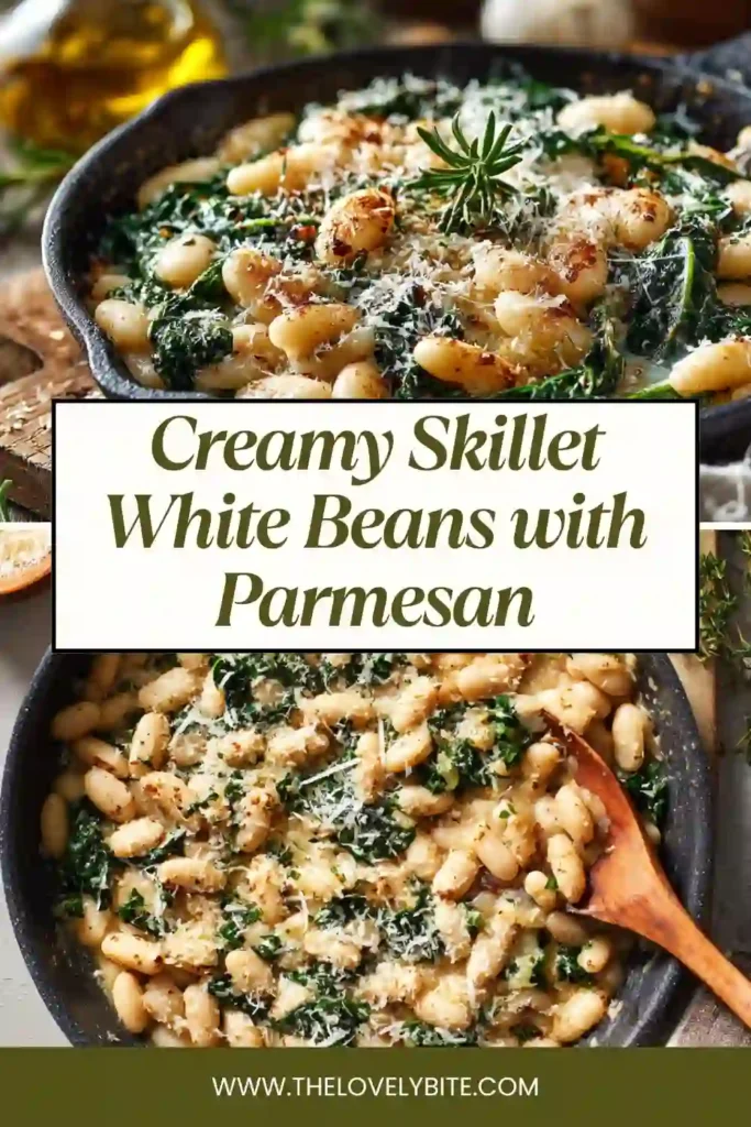 Warm skillet filled with white beans, leafy greens, and creamy sauce topped with grated Parmesan.