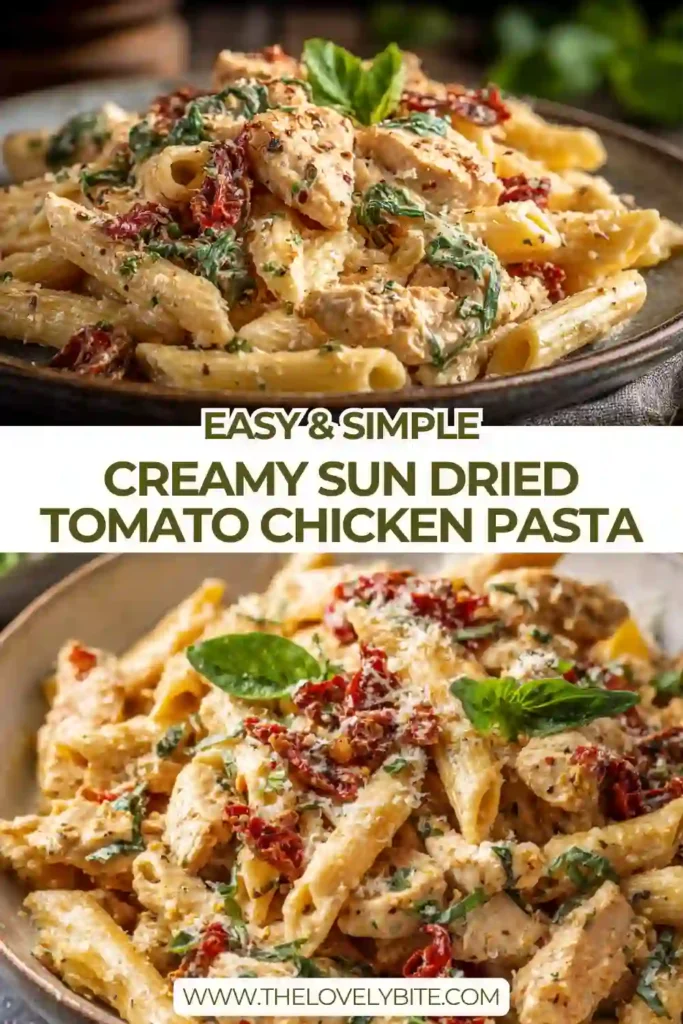 Close-up of creamy chicken pasta with sun dried tomatoes and melted mozzarella cheese in a smooth sauce.