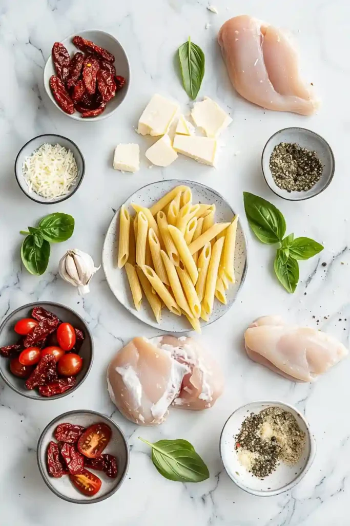Creamy Sun Dried Tomato Chicken Pasta served in a bowl with basil garnish and rich cheese sauce coating the pasta.